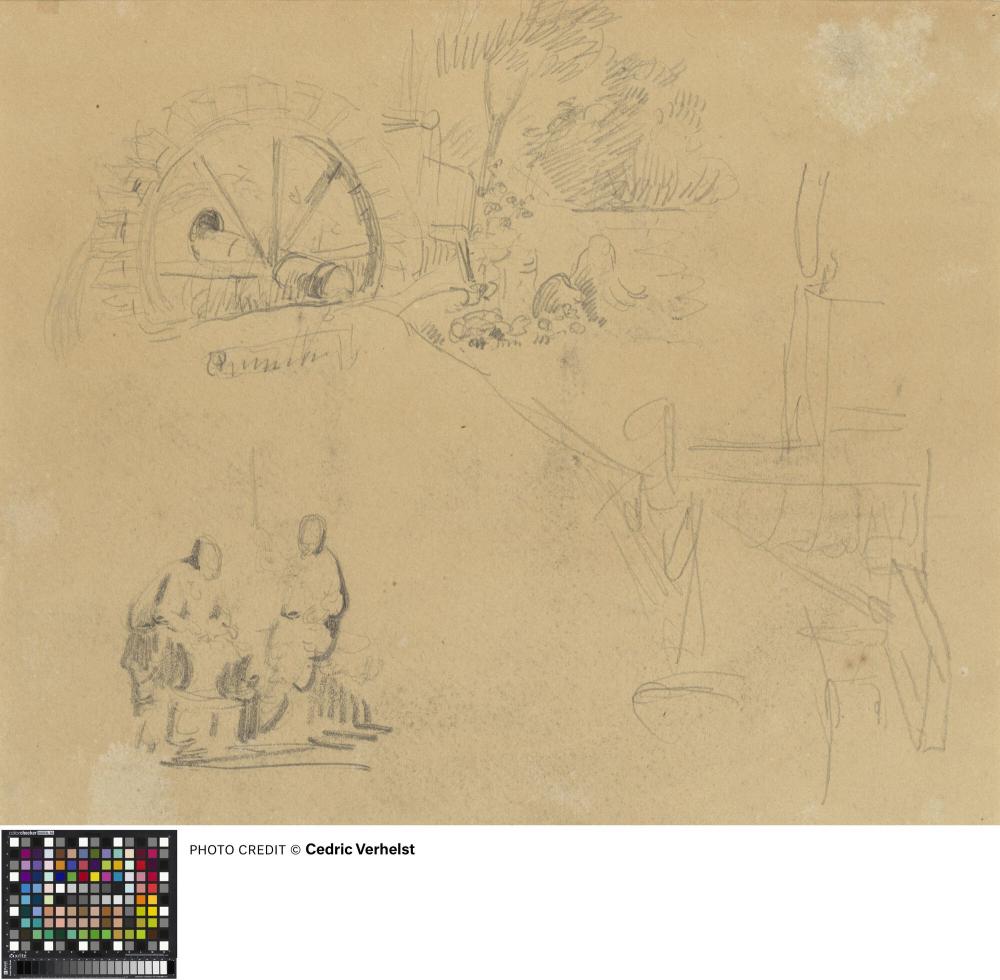Landschapsfragment met waterrad en twee figuren (verso)