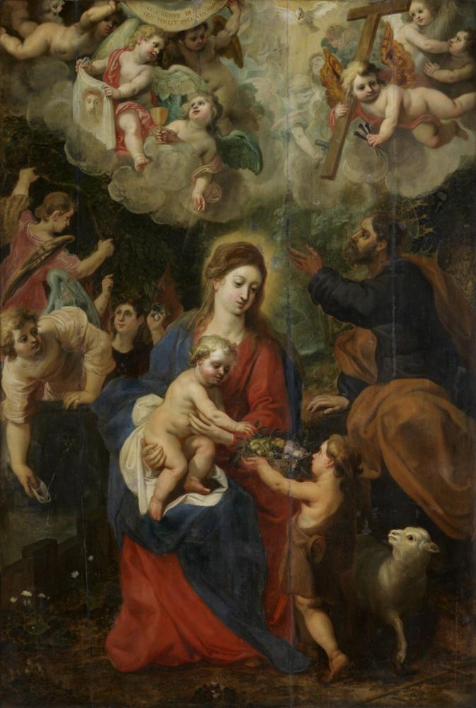 De Heilige Familie met engelen.