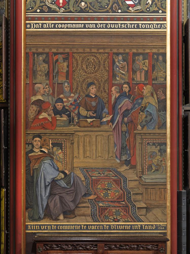 De magistraten bezoeken het atelier van Jan Van Eyck muurschildering stadhuis
