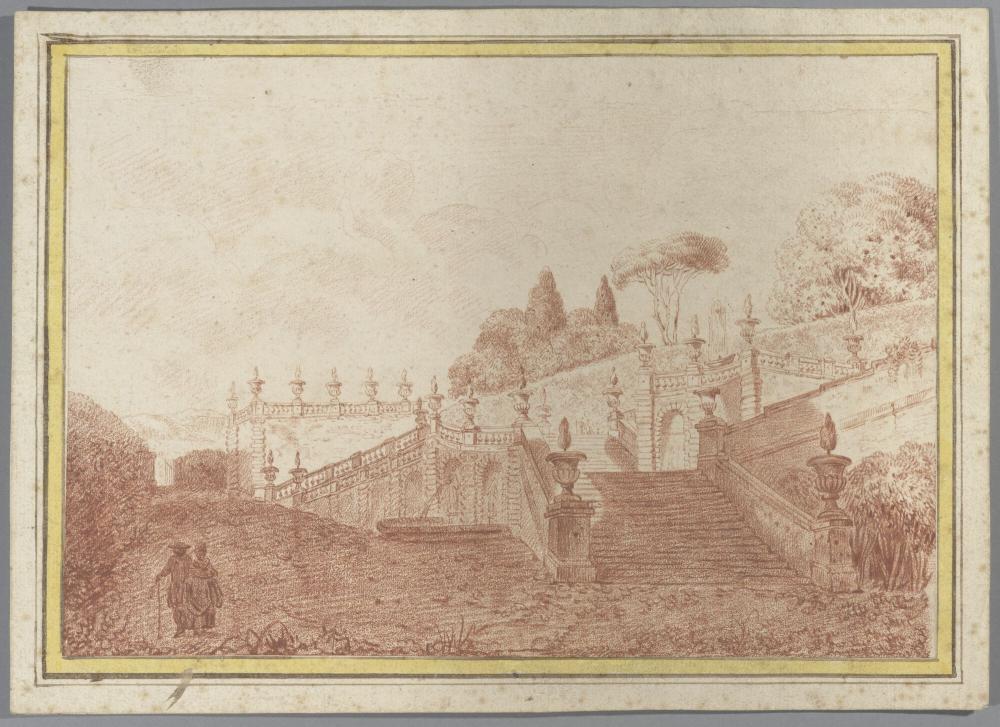 Wandelend koppel voor een grote antieke trap en fontein (tuin van de villa d'este te Tivoli)