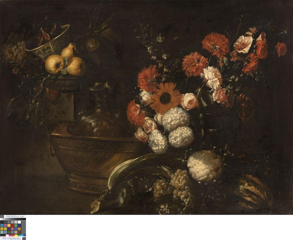 Stilleven met bloemen en fruit