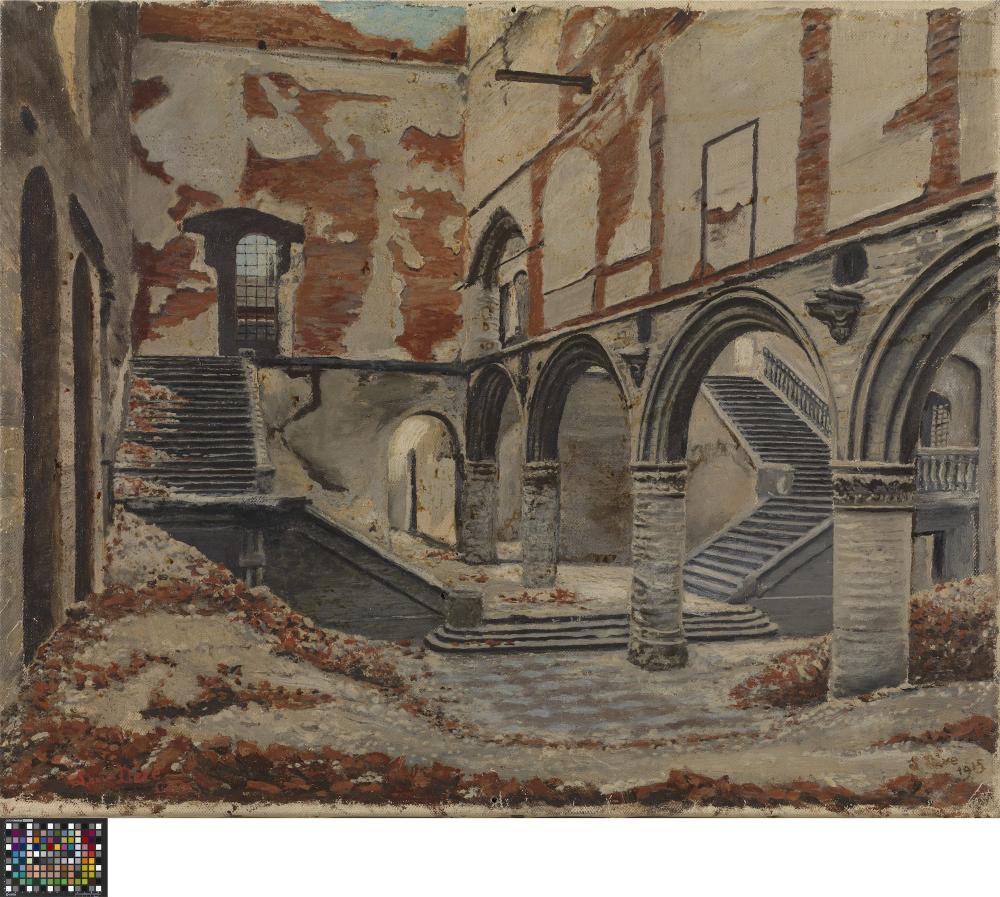 Gezicht op de Lakenhal  in Leuven in 1915