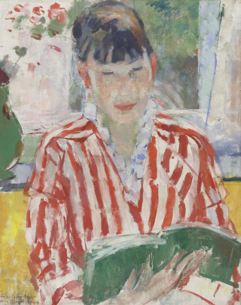 Lezende vrouw, groen boek