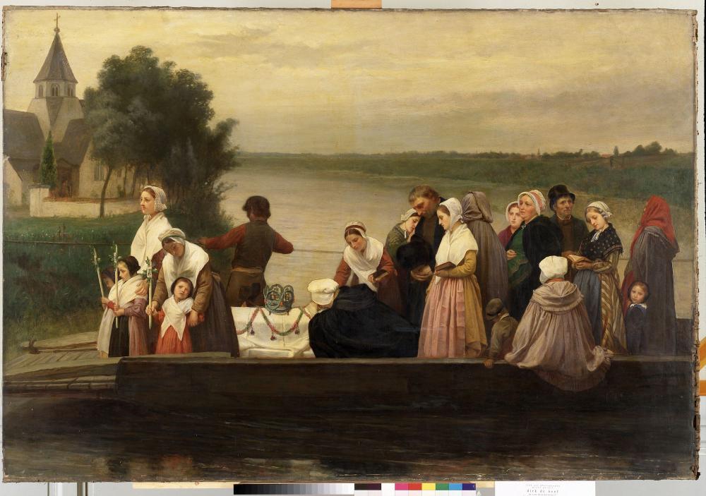 Overtocht van een begrafenisstoet op de Leie in Afsnee