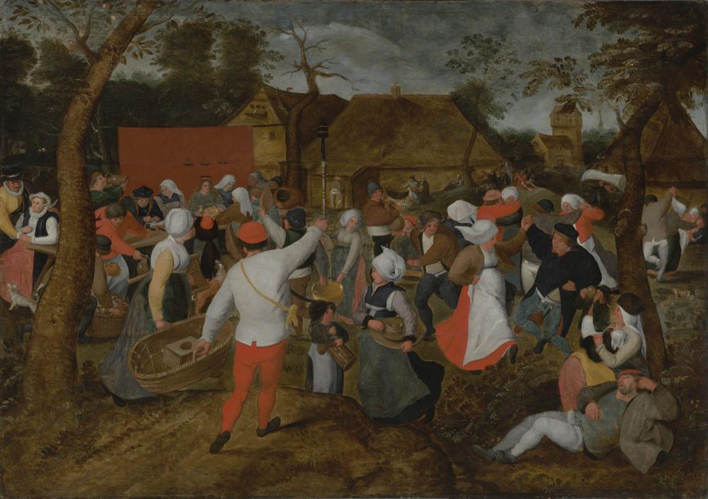 Dorpsgezicht met bruiloftsdans in de open lucht