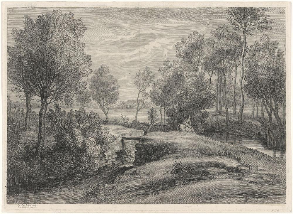 Landschap met een man te paard bij een beek