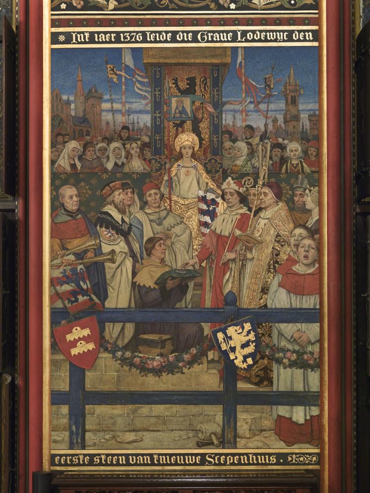 De magistraten bezoeken het atelier van Jan Van Eyck muurschildering stadhuis