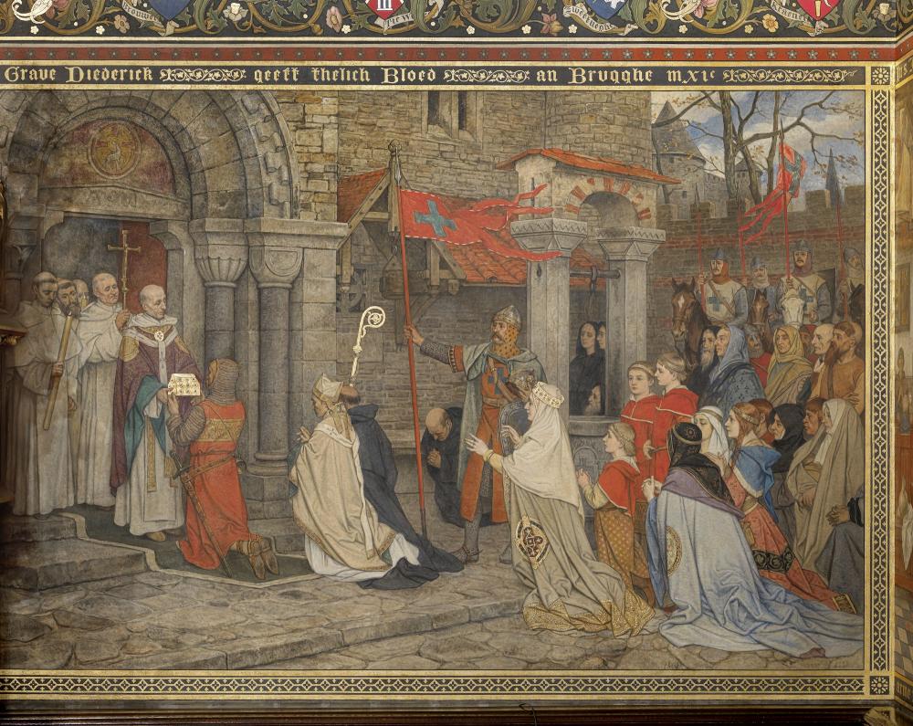 De magistraten bezoeken het atelier van Jan Van Eyck muurschildering stadhuis