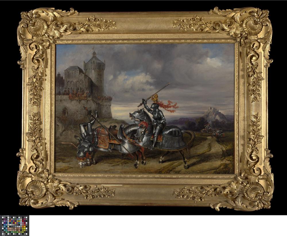 Landschap met twee strijdende ridders te paard