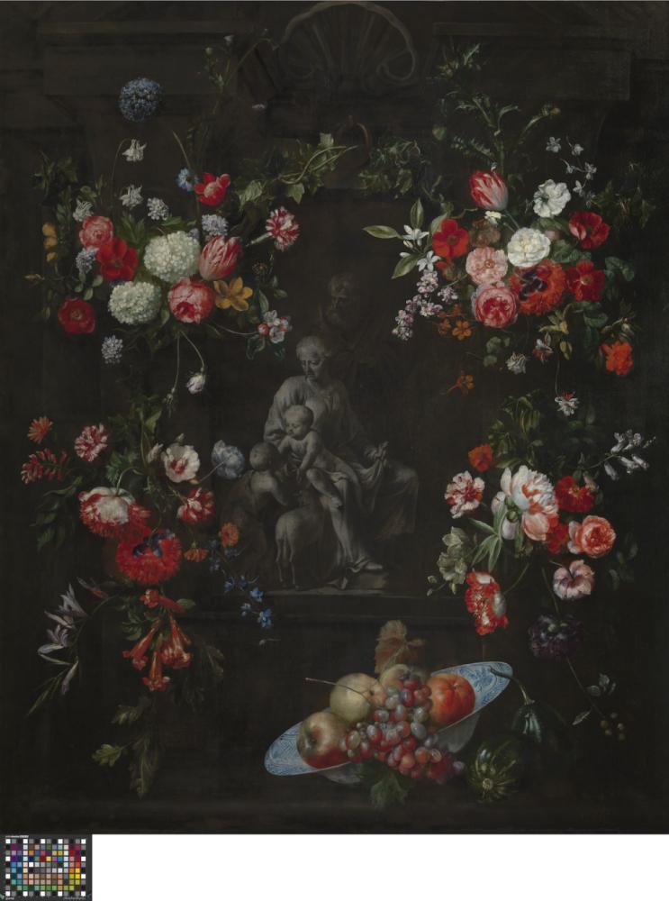 Bloemenkrans als omlijsting van De Heilige Familie
