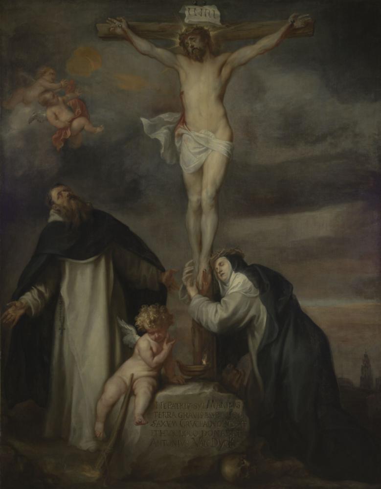 Christus aan het Kruis, vereerd door de heilige Dominicus en de heilige Catharina van Siena