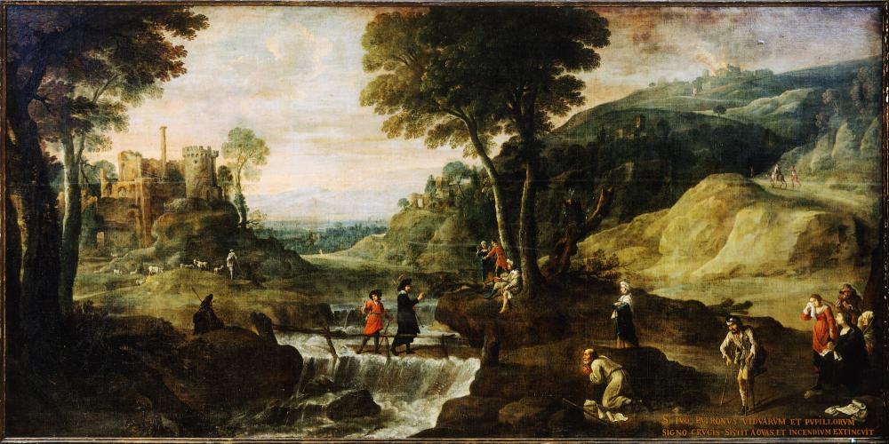 Landschap met prediking van de Heilige Ivo