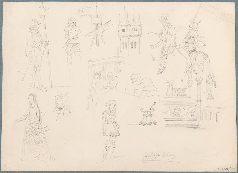 Figuren  toren van kasteel en altaarfragment uit de tijd van Filips de Goede
