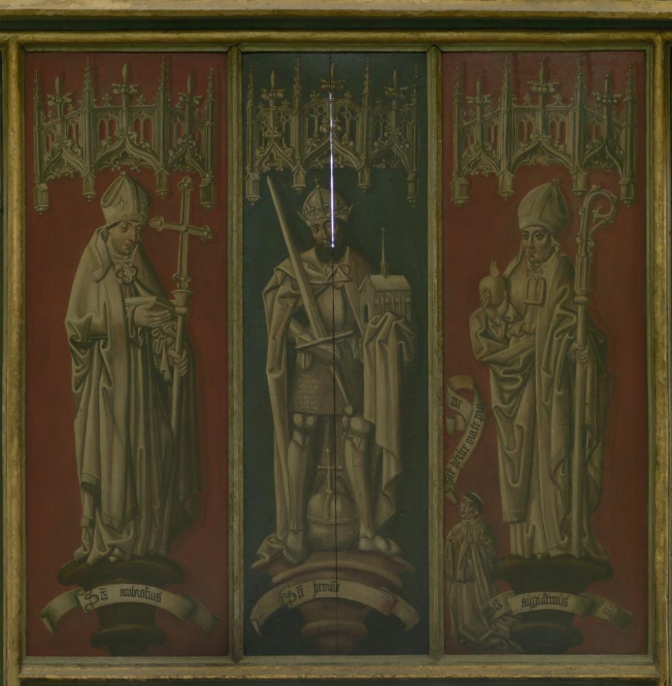 Heilige Ambrosius en Heilige Augustinus flankeren een koning (Hendrik?)
