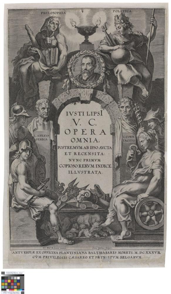 Titelblad van : Justi Lipsii Opera Omnia Antverpiae ex officina Plantiniana Infolio