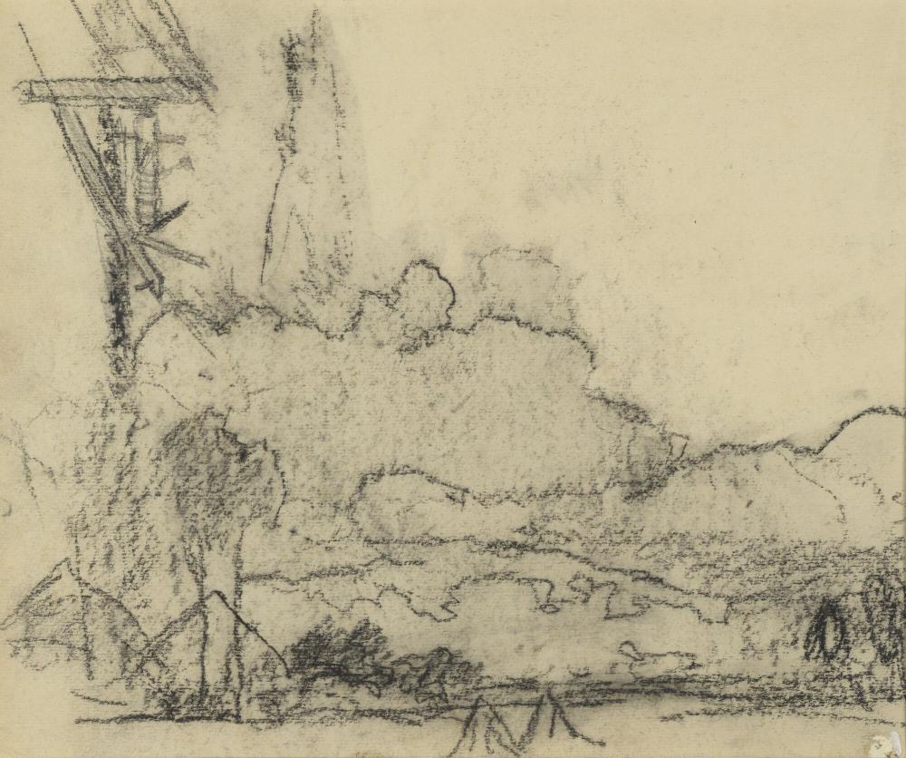 Landschap met wolken - Landschap met bomen en hooimijt - Detail van molen