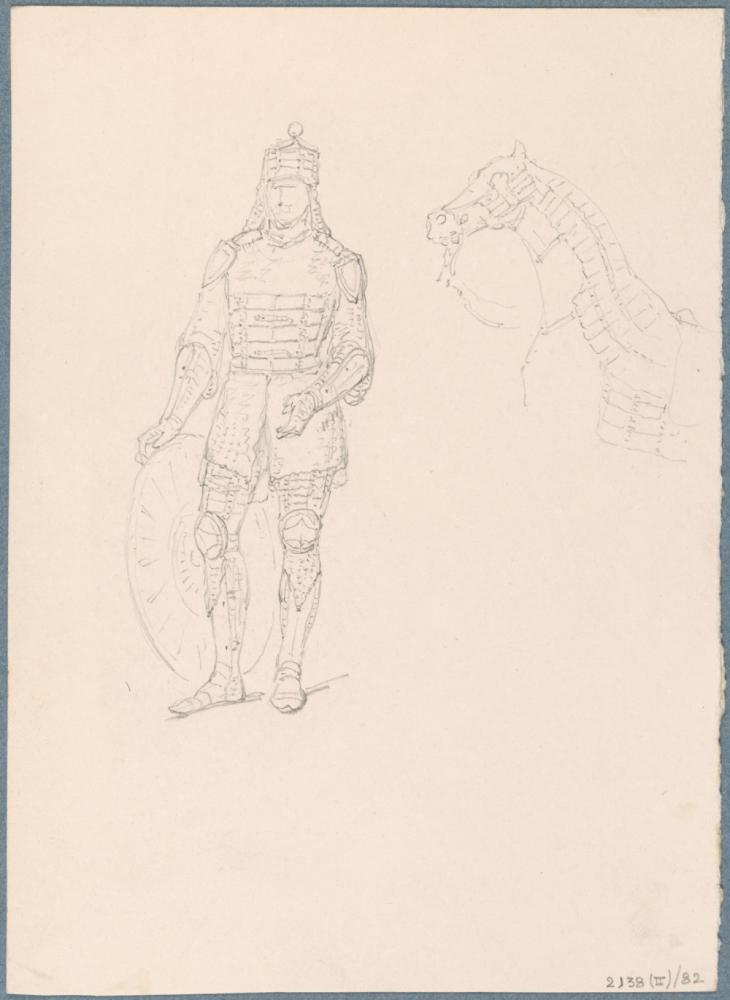 Geharnaste figuur en hoofd van paard