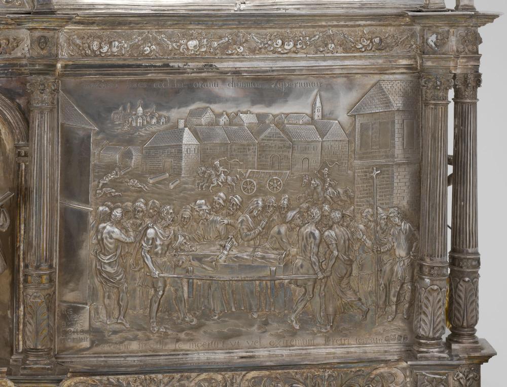 Reliekschrijn van Sint-Macharius een versiering op het reliekschrijn van Sint-Macharius