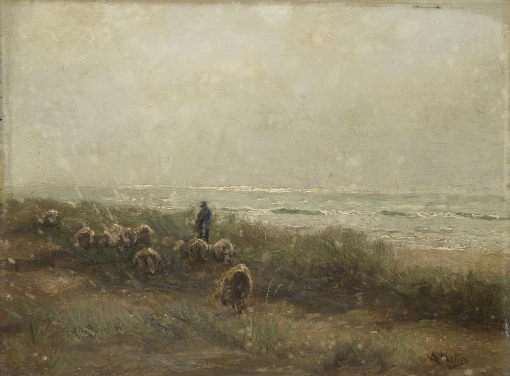 Landschap met herder en schapen aan zee