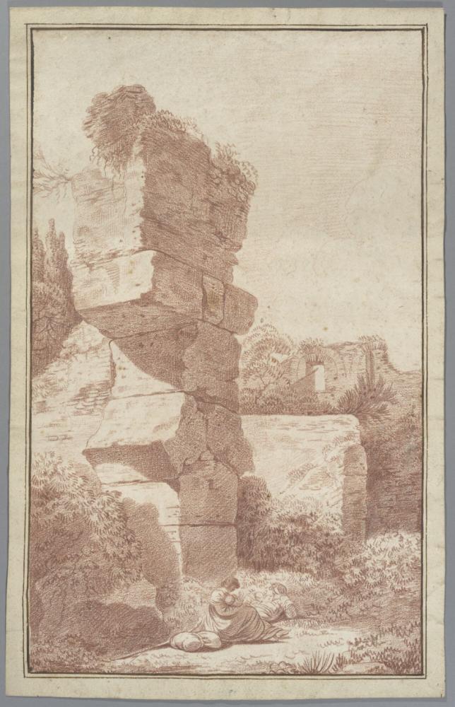Rustende familie in een landschap met puinen in de omgeving van Rome