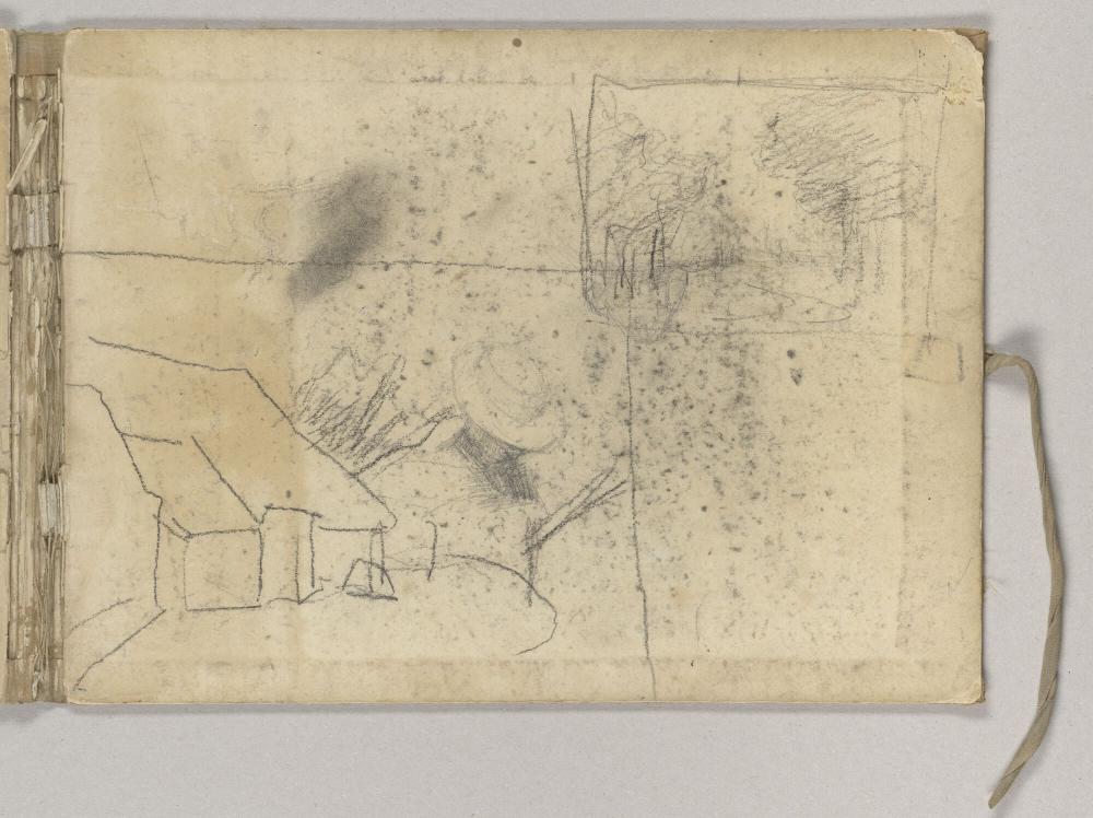 Landschap met bomen en hooimijt - Zittende figuur - Hoeve - Man met hoed - Landschap met wegeltje