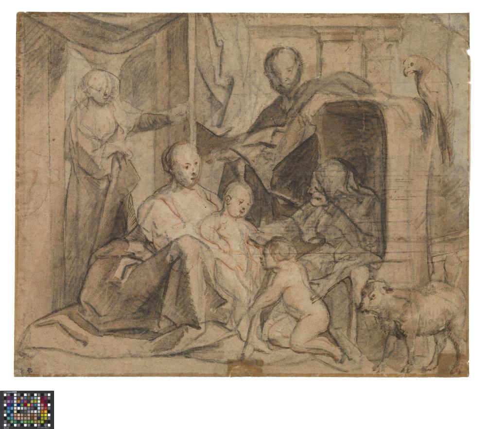 De Heilige Familie met Elisabeth en de kleine Johannes (keerzijde: Deur  deuropening en Hermes)