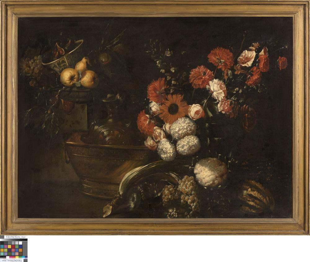 Stilleven met bloemen en fruit