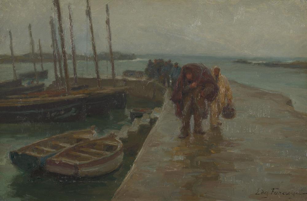 Vissers op havenhoofd