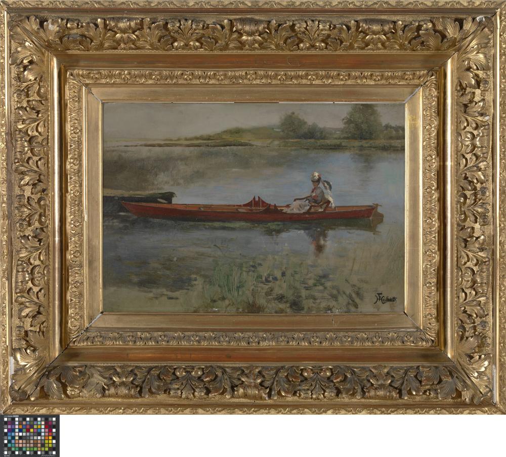 Rivierlandschap met dame in roeiboot