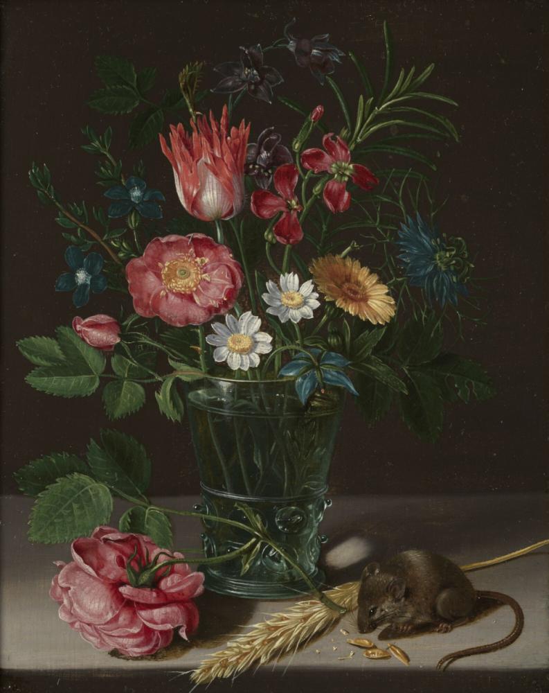 Bloemen in een vaasje met knabbelende muis