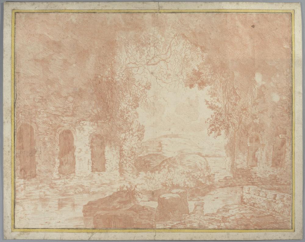 Landschap met ruïnes in de omgeving van Rome gestoffeerd met drie mannen en een paard