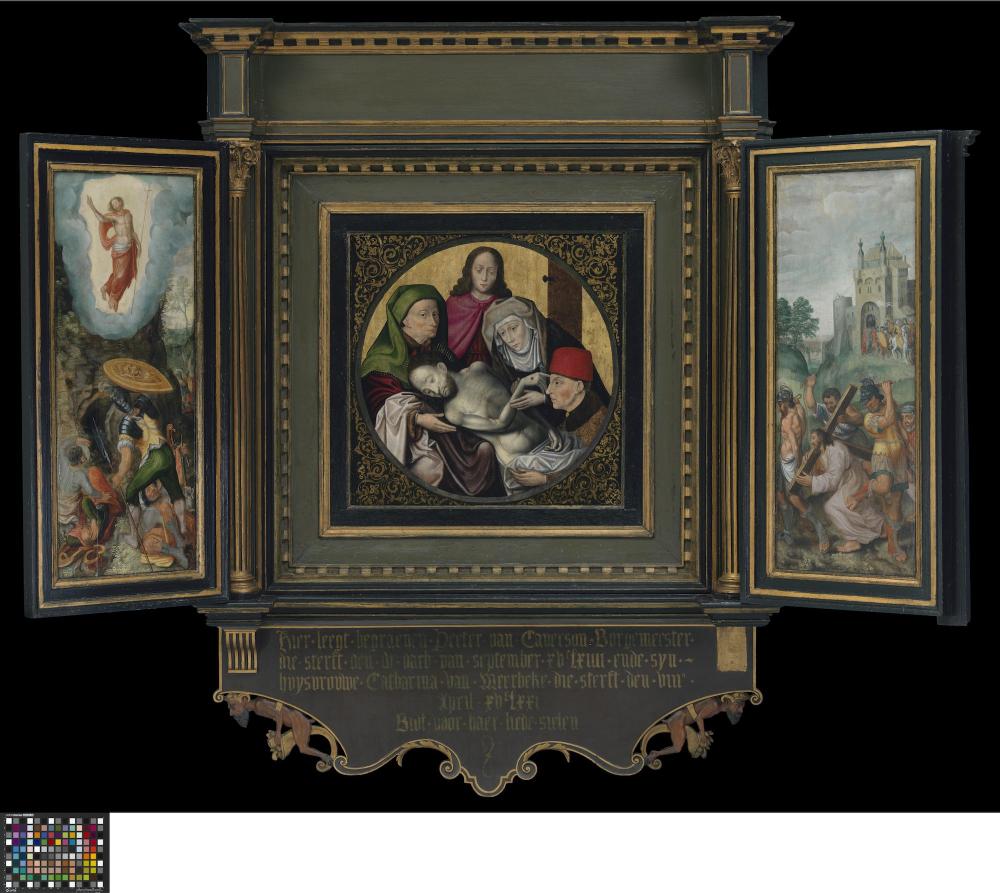Triptiek met de graflegging en schenkersportretten van Pieter Caverson en Catharina van Meerbeke