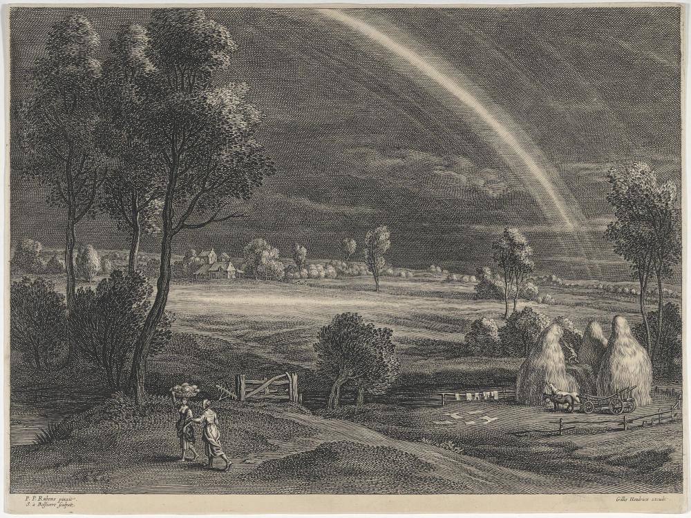 Landschap met regenboog en een oogsttafereel