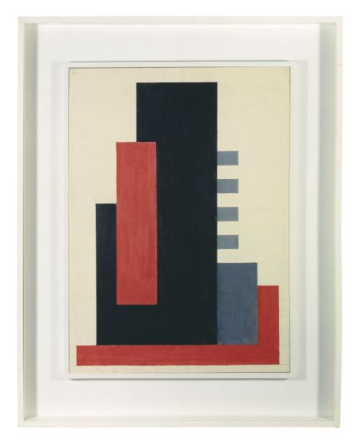 Compositie in zwart  grijs  rood