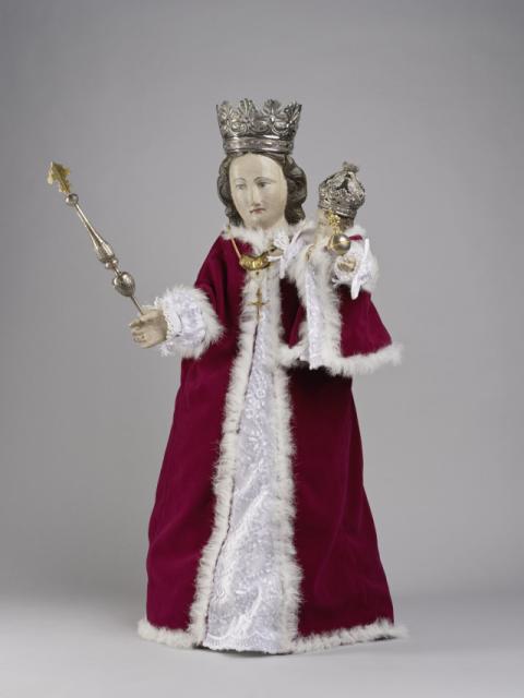 Arnold II Cleersnijders (1707-1783), Onze-Lieve-Vrouw-Presentatie met zilveren kroontjes en scepter, 17de eeuw, gepolychromeerd hout, zilver