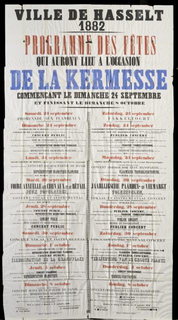 Affiche "Ville de Hasselt 1882, programme des fêtes qui auront lieu à l' occasion de la kermesse...", Jean-Joseph Billen,1882