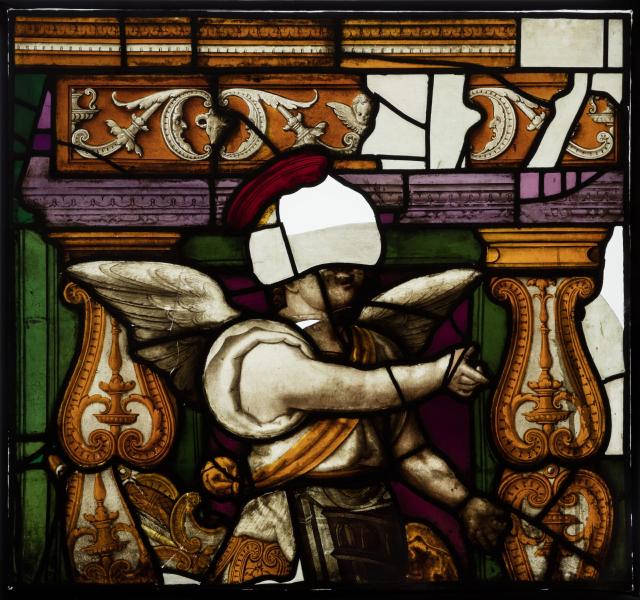 Glasraam 'Engel' afkomstig uit de abdijkerk van Herkenrode, 16e eeuw, glas-in-lood, achter glas