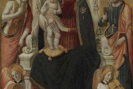 Maria met Kind  de heiligen Johannes de Doper en Petrus en twee musicerende engelen