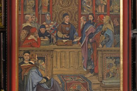 De magistraten bezoeken het atelier van Jan Van Eyck muurschildering stadhuis