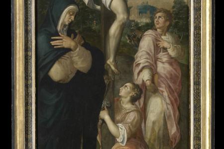 De kruisiging (links)  De voorspelling van Hizkia's genezing (midden)  Abt Jacobus Delrio met beschermheilige (rechts)  De opwekking van Lazarus (gesloten buitenluiken  grisaille)