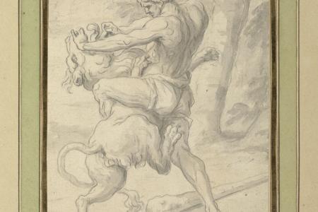 Hercules worstelt met de leeuw van Nemea