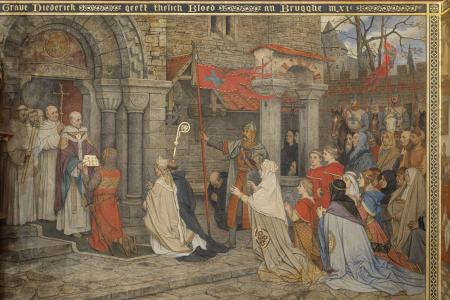 De magistraten bezoeken het atelier van Jan Van Eyck muurschildering stadhuis