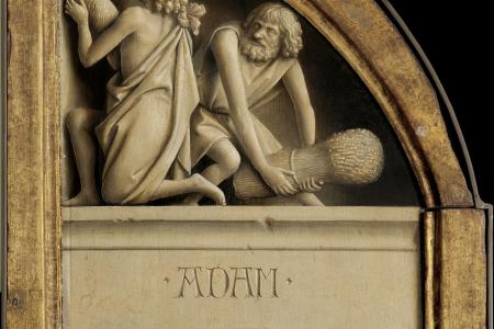 het Lam Gods voor restauratie: Paneel Adam De broedermoord van Kaïn op zijn jongere broer Abel