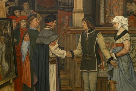 De magistraten bezoeken het atelier van Jan Van Eyck muurschildering stadhuis