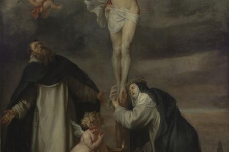 Christus aan het Kruis, vereerd door de heilige Dominicus en de heilige Catharina van Siena