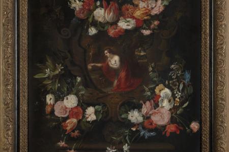 Bloemenkrans als omlijsting van Maria Magdalena