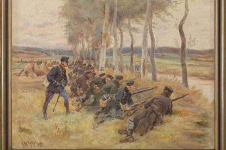 Infanterie-eenheid van het Belgisch leger in gevechtspositie langs de weg (WOI)