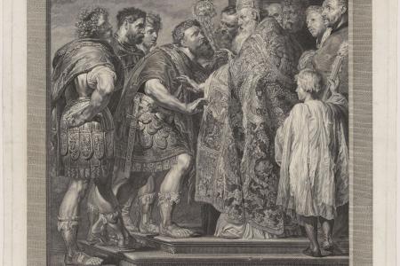 Heilige Ambrosius van Milaan weigert keizer Theodosius de toegang tot de kerk