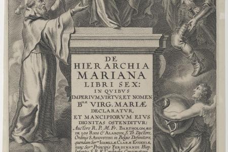 Titelblad van : Bartholomaeus de los Rios  de Hierarchia Mariana. Antverpiae ex officina Plantiniana. Infolio.