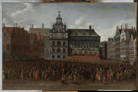 De afkondiging van de Vrede van Münster op de Grote Markt in Antwerpen